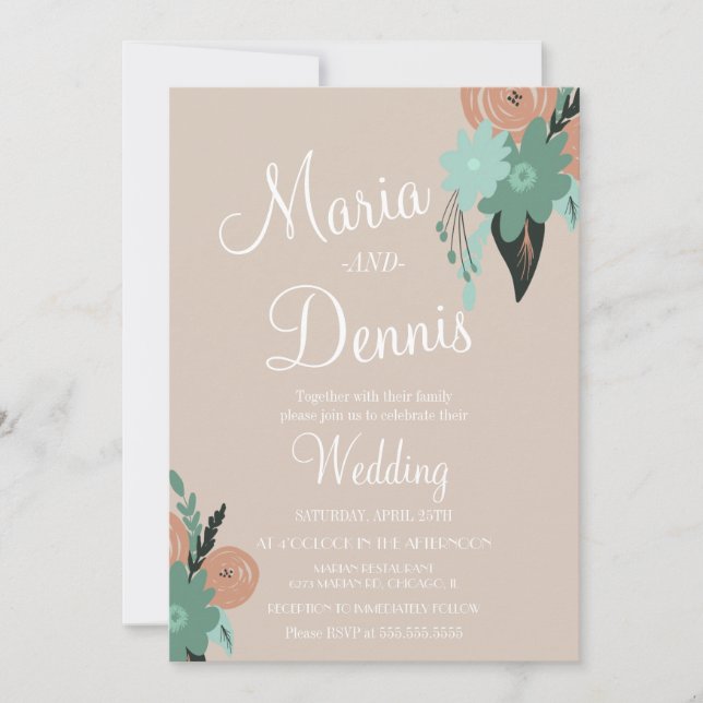 Invitation Mariage botanique moderne floral pêche et vert (Devant)