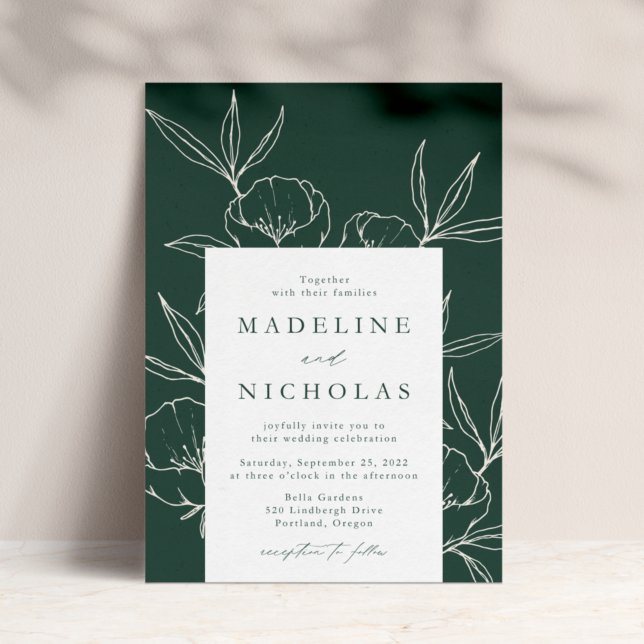 Invitation Mariage botanique moderne floral vert foncé et crè (Créateur téléchargé)