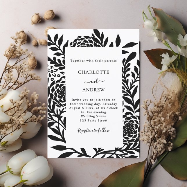 Invitation Mariage botanique moderne noir blanc (Créateur téléchargé)