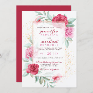 Invitation Mariage botanique moderne rose et rouge chic