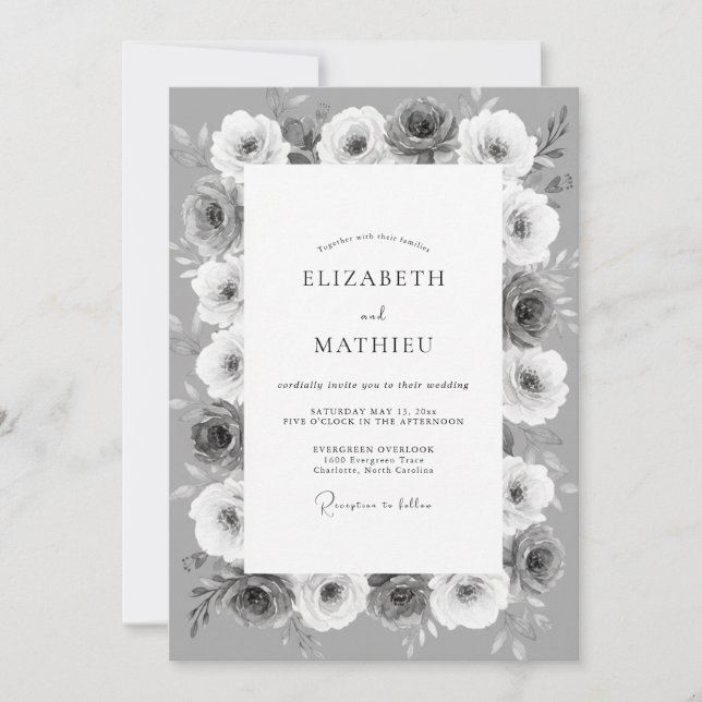 Invitation Mariage Botanique Monochrome Argent (Devant)