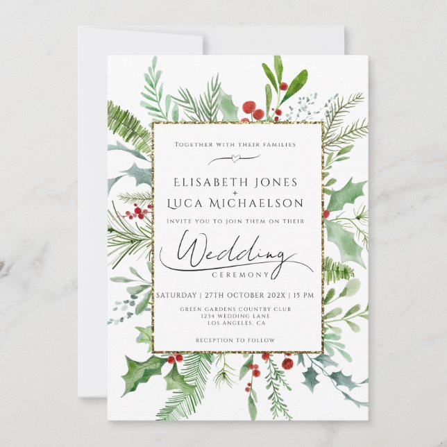 Invitation Mariage botanique monogramme feuille baie d'hiver  (Devant)