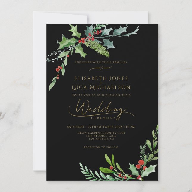 Invitation Mariage Botanique Monogramme Hivernal Sombre Baie (Devant)