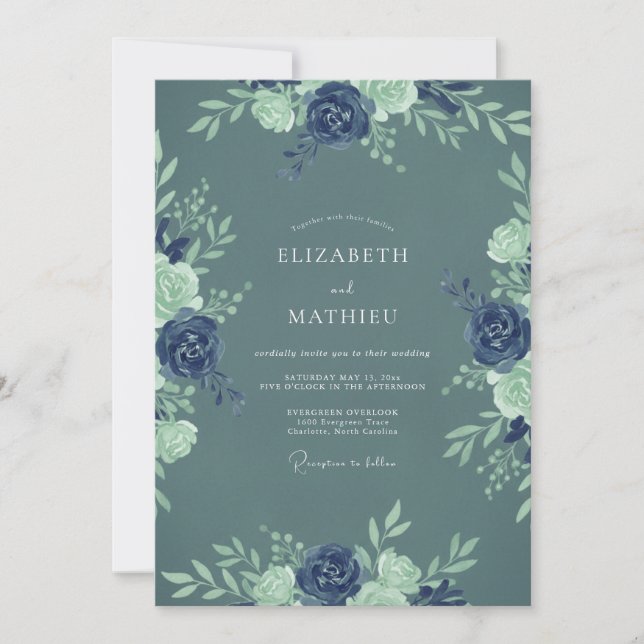 Invitation Mariage Botanique Naval Bleu Ardoise (Devant)