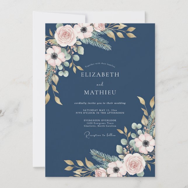 Invitation Mariage Botanique Navy Blush (Devant)