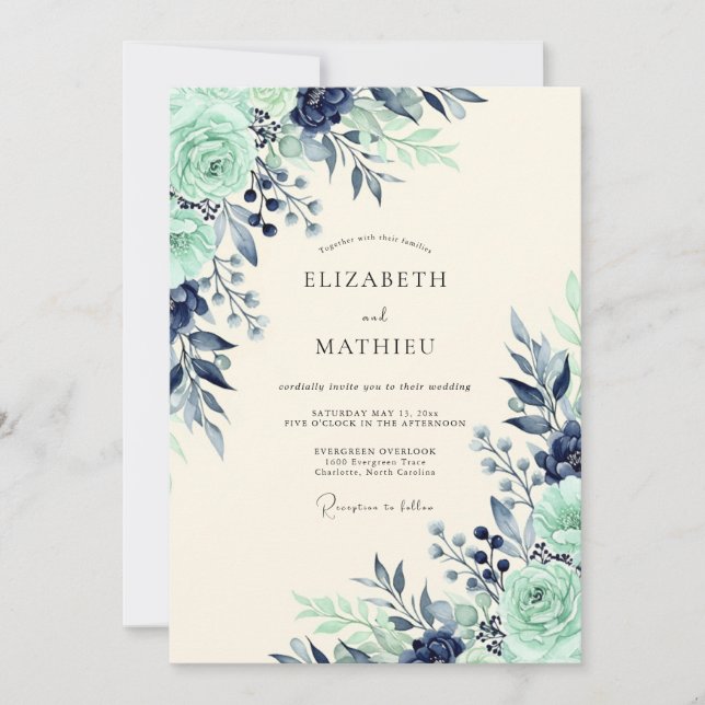 Invitation Mariage Botanique Navy Mint Luxuriant (Devant)