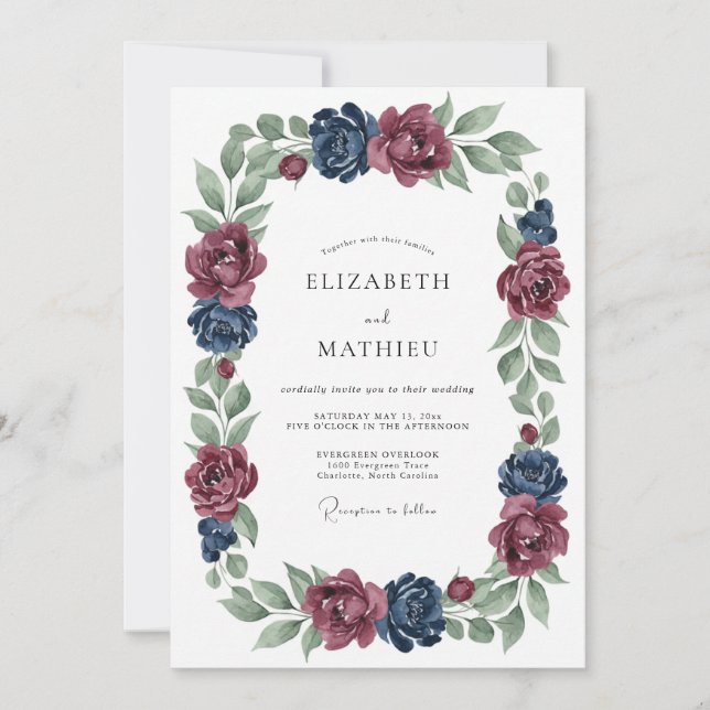 Invitation Mariage Botanique Navy Moody (Devant)