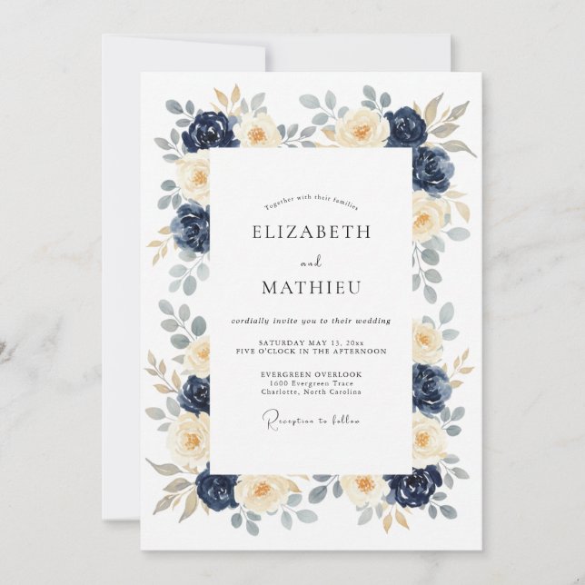 Invitation Mariage Botanique Navy Poli (Devant)