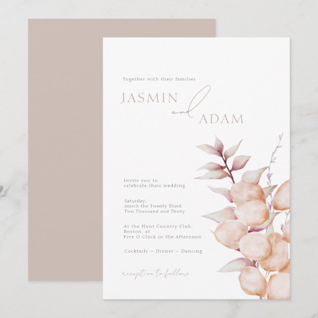 Invitation Mariage Botanique Neutre Élégant (Devant / Derrière)