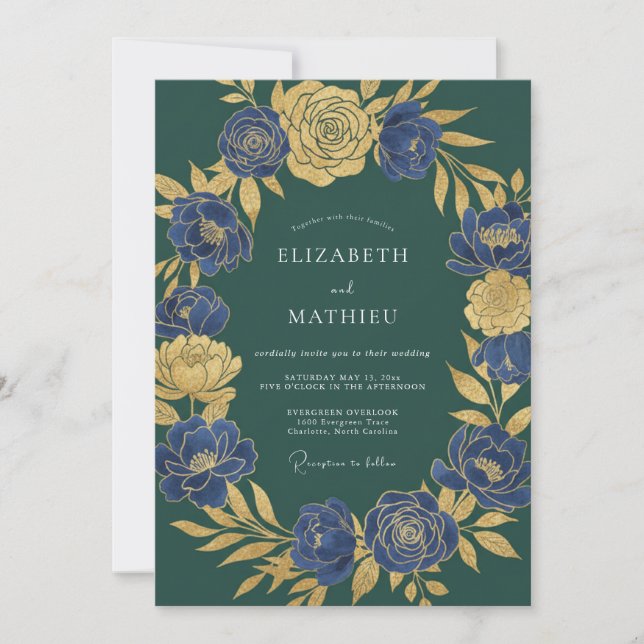 Invitation Mariage Botanique Noble Vert Émeraude (Devant)