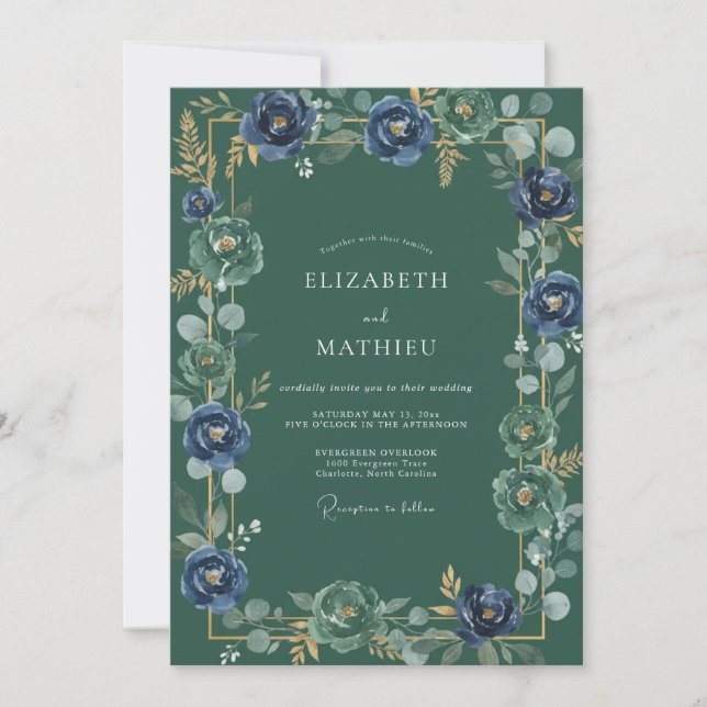Invitation Mariage Botanique Noble Vert Forêt (Devant)