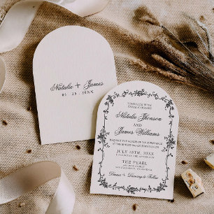 Invitation Mariage Botanique Noir Blanc Floral Élégant en Arc