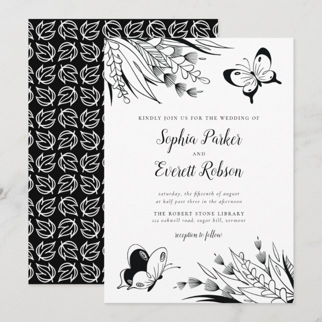 Invitation Mariage botanique noir blanc stylo encre papillon (Devant / Derrière)