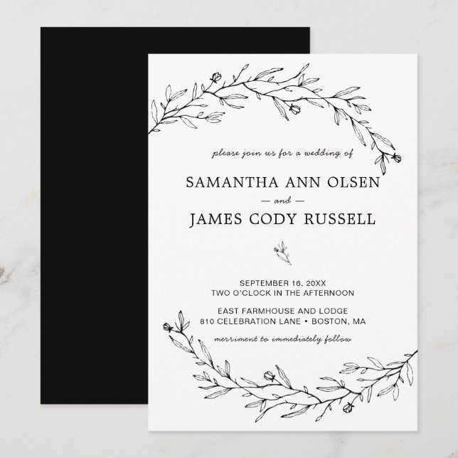 Invitation Mariage botanique noir et blanc dessiné à la main (Devant / Derrière)