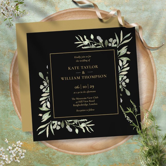 Invitation Mariage Botanique Noir Et Or Végétal (Créateur téléchargé)