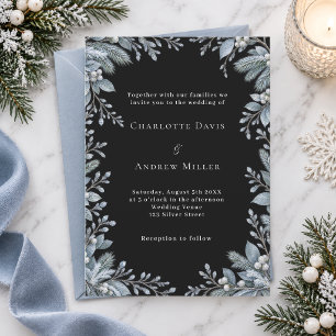 Invitation Mariage botanique noir hivernal bleu givré