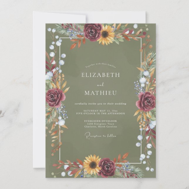 Invitation Mariage Botanique Olive Bourgogne (Devant)