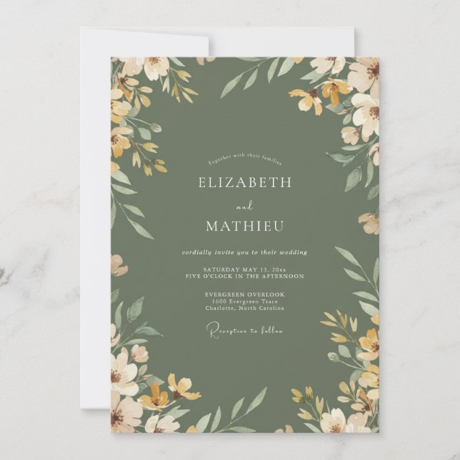 Invitation Mariage Botanique Olive Ocre (Devant)