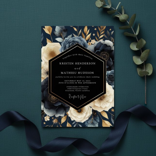 Invitation Mariage Botanique Opulent de la Marine (Créateur téléchargé)