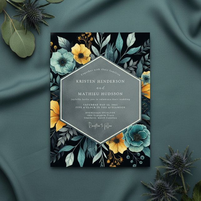 Invitation Mariage botanique opulent jaune sarcelle (Créateur téléchargé)