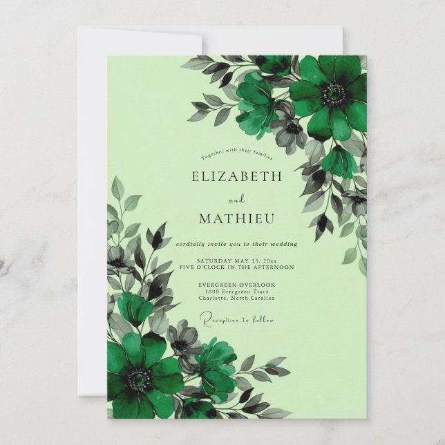 Invitation Mariage botanique opulent vert émeraude (Devant)