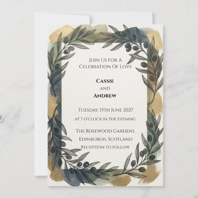 Invitation Mariage Botanique Or et Bleu Marine (Devant)