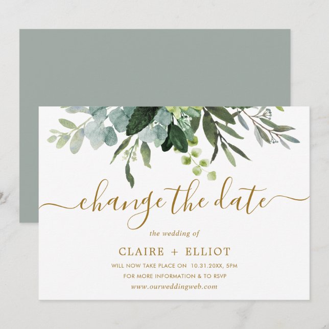 Invitation Mariage botanique or et vert, changement de date (Devant / Derrière)