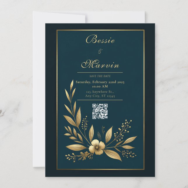 Invitation Mariage Botanique Or Navy Emouvant (Devant)