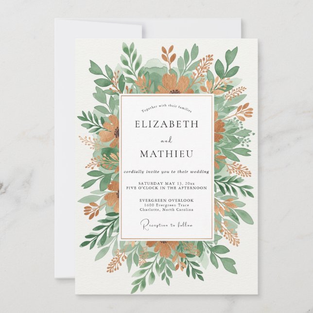 Invitation Mariage Botanique Orange en Forêt (Devant)