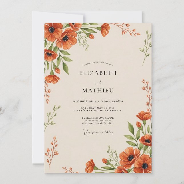 Invitation Mariage Botanique Orange Impressionniste (Devant)