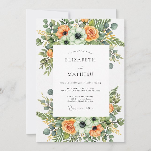 Invitation Mariage Botanique Orange Luxuriant (Devant)