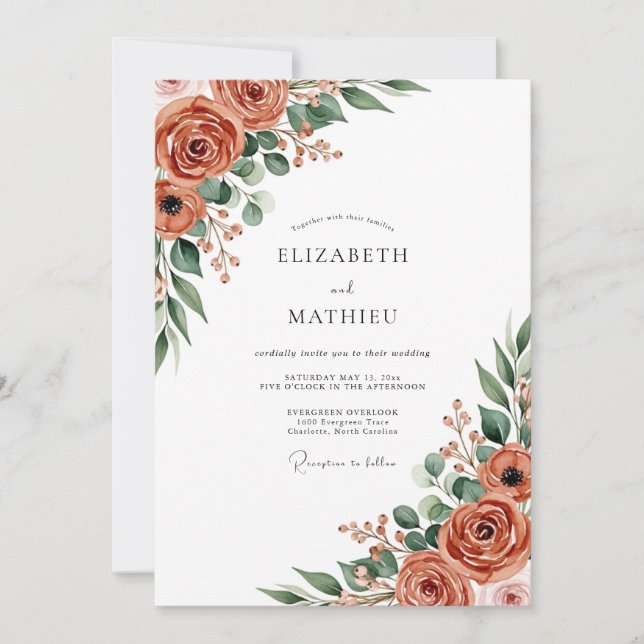 Invitation Mariage Botanique Orange Rouille Gracieux (Devant)