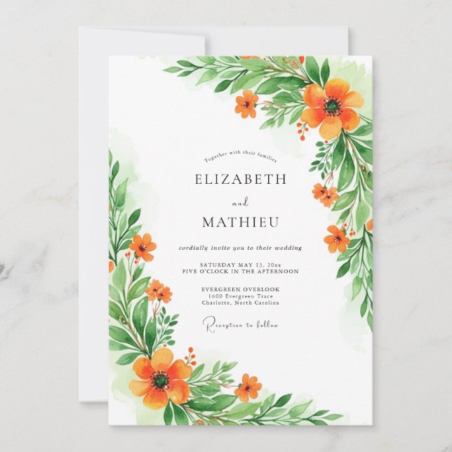 Invitation Mariage Botanique Orange Verdoyant (Devant)