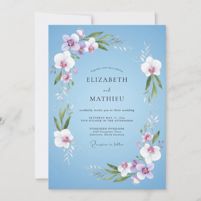 Invitation Mariage Botanique Orchidée Bleu Ciel (Devant)