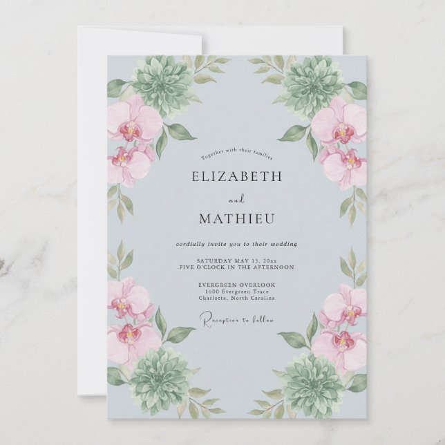Invitation Mariage Botanique Orchidée Bleu Poussiéreux (Devant)