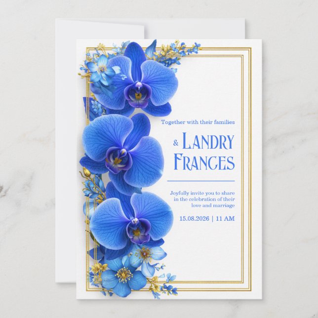 Invitation Mariage Botanique Orchidée Gildée Bleu Cobalt (Devant)