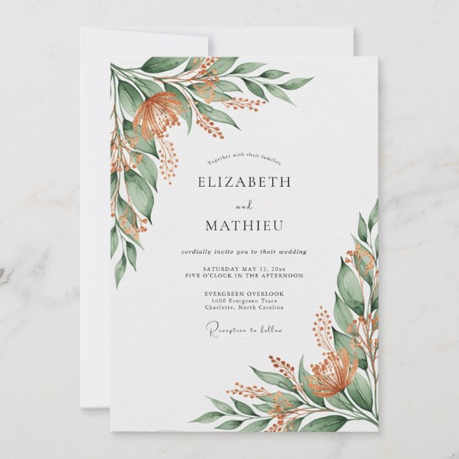 Invitation Mariage Botanique Organique Cuivre (Devant)