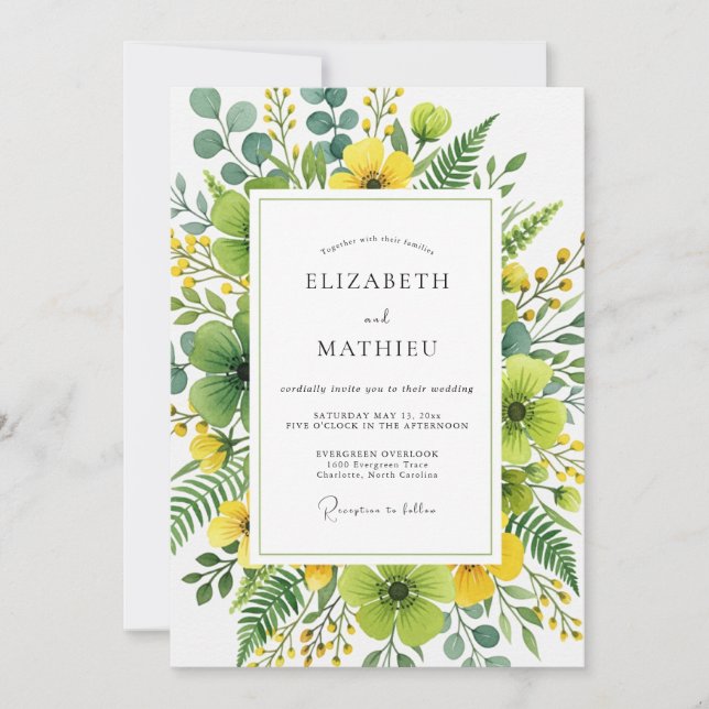 Invitation Mariage Botanique Organique Jaune (Devant)