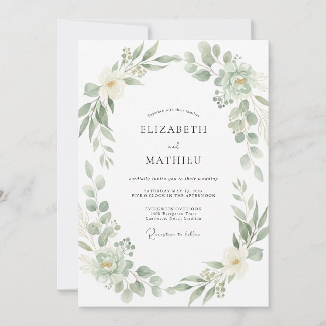 Invitation Mariage Botanique Organique Vert Sauge (Devant)