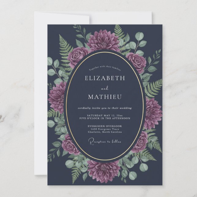 Invitation Mariage Botanique Orné Bleu Marine (Devant)