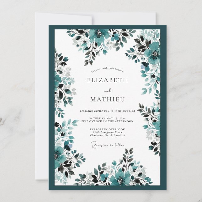 Invitation Mariage Botanique Orné de Teal (Devant)