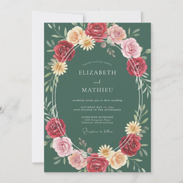 Invitation Mariage Botanique Orné de Vert Chasseur (Devant)