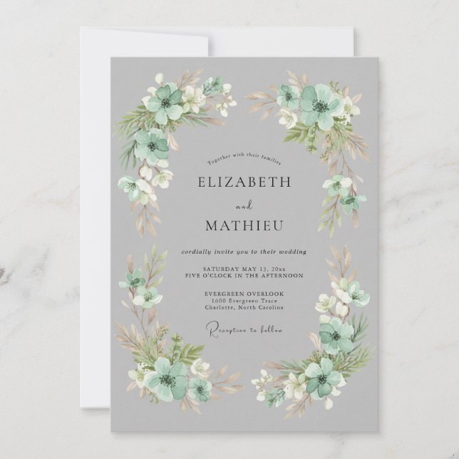Invitation Mariage Botanique Orné de Vert Menthe (Devant)