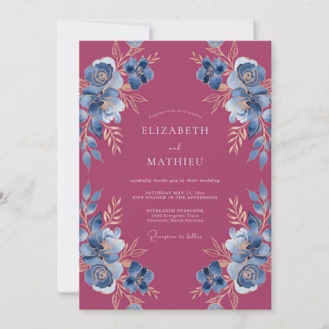 Invitation Mariage Botanique Orné Magenta (Devant)