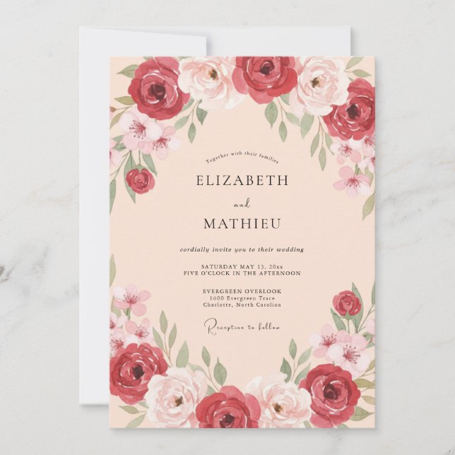 Invitation Mariage Botanique Orné Rose Poussiéreuse (Devant)