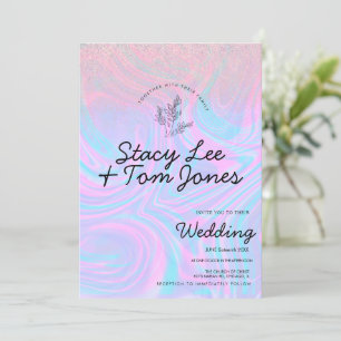 Invitation Mariage botanique pailleté violet holographique 