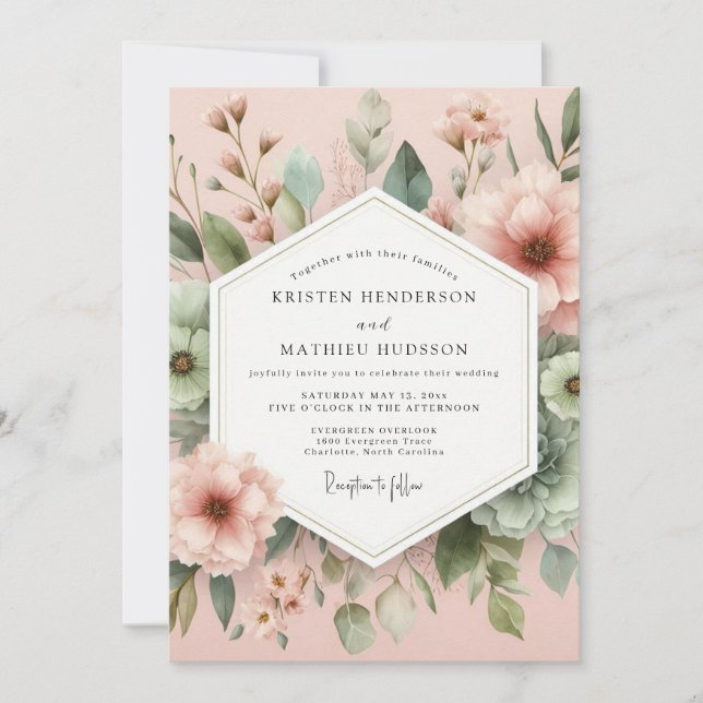 Invitation Mariage Botanique Painterre à la Rose Tendre (Devant)