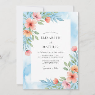 Invitation Mariage Botanique Painterre de Bleu Corail