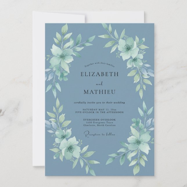 Invitation Mariage Botanique Paisible Bleu Ardoise (Devant)