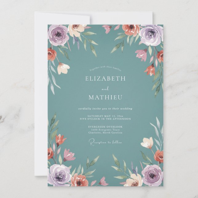 Invitation Mariage Botanique Paisible Sarcelle (Devant)